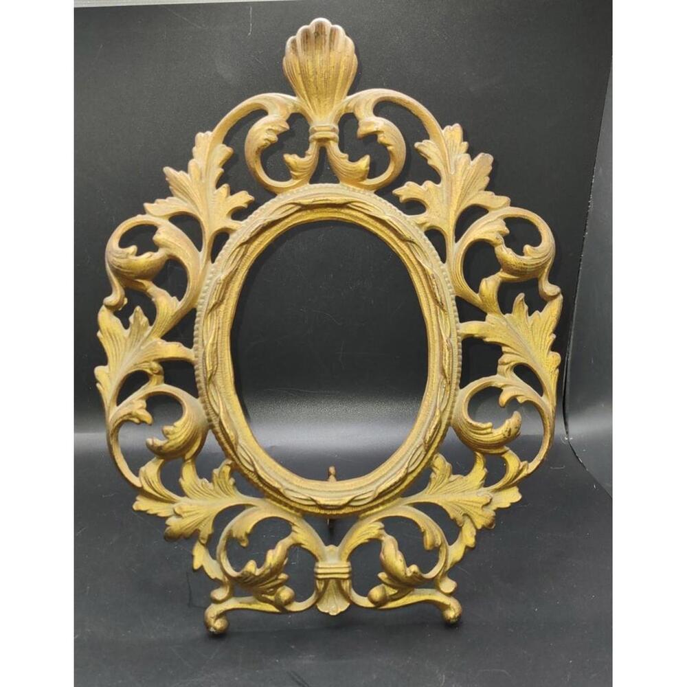 Vintage Gilded Regency Oval Cast Iron picture Frame Folding Easel